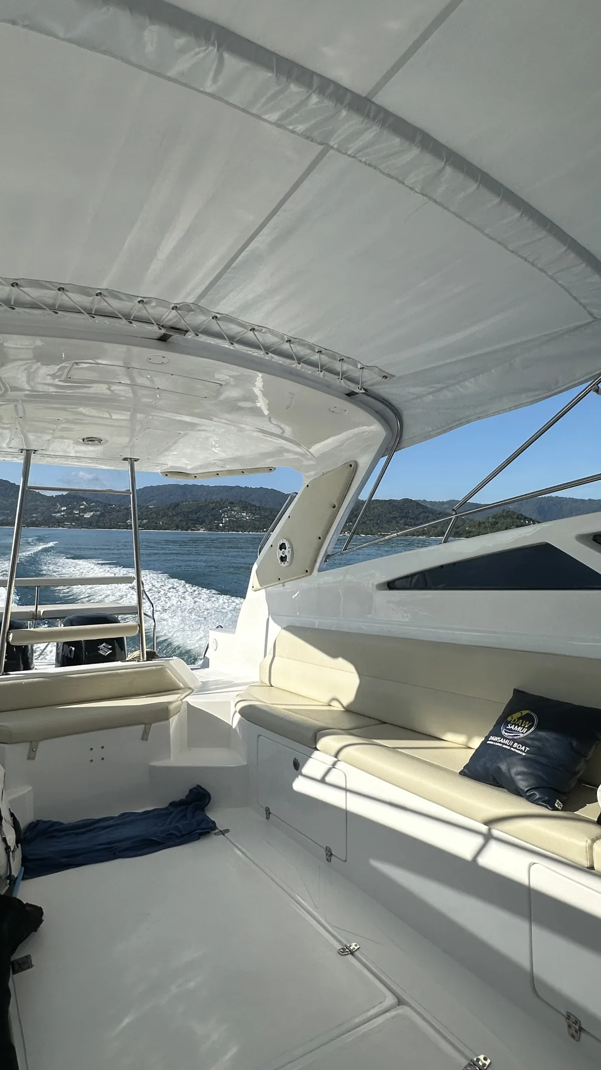 Inside the private speedboat, canopy shade